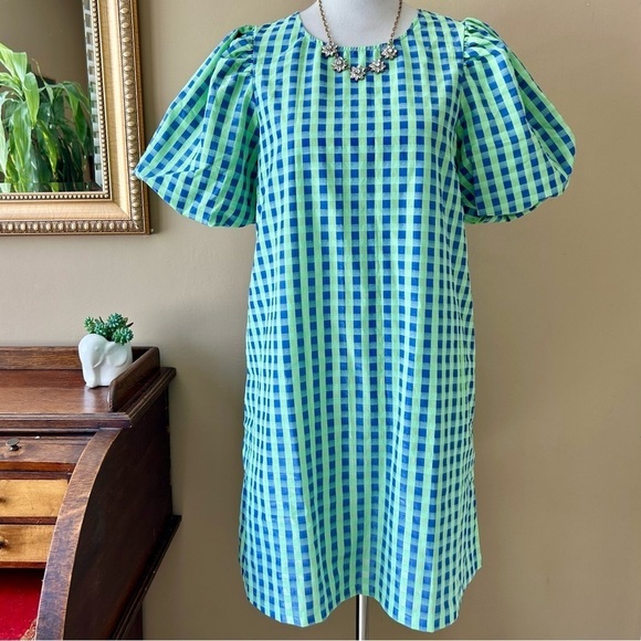 Gorman Stay in Check Mini Dress Puff Sleeve Green Blue Gingham Size 6 NWT - Picture 3 of 13